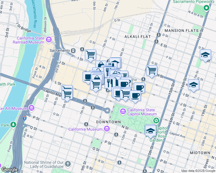 map of restaurants, bars, coffee shops, grocery stores, and more near 831 K Street in Sacramento