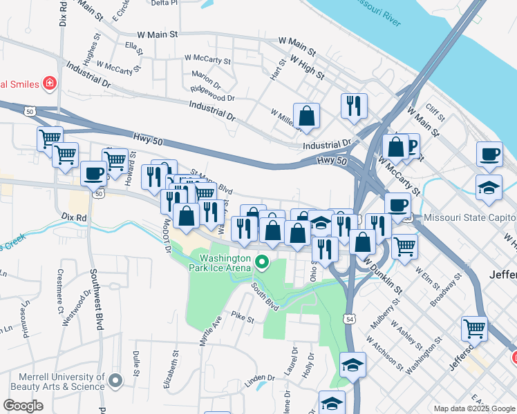 map of restaurants, bars, coffee shops, grocery stores, and more near 608 Kansas Street in Jefferson City