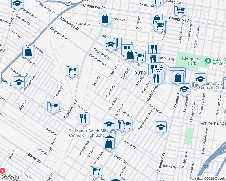 map of restaurants, bars, coffee shops, grocery stores, and more near 4428 South 38th Street in St. Louis