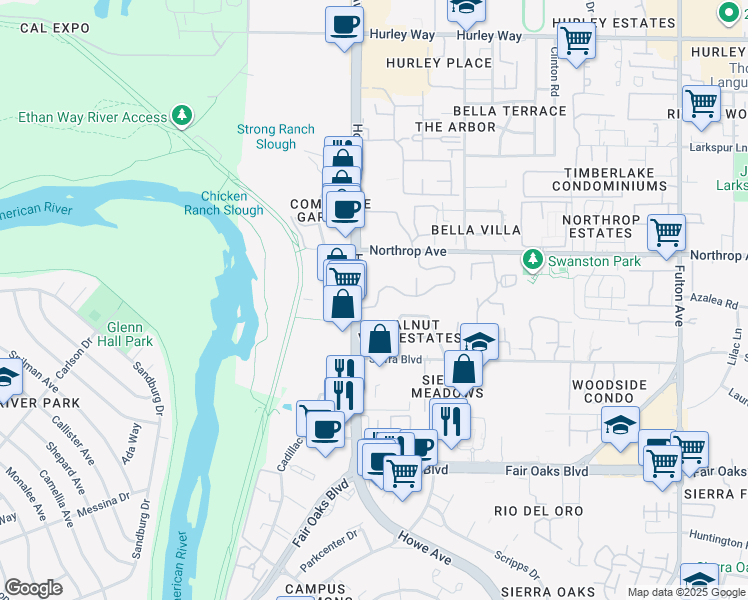 map of restaurants, bars, coffee shops, grocery stores, and more near 2229 Woodside Lane in Sacramento