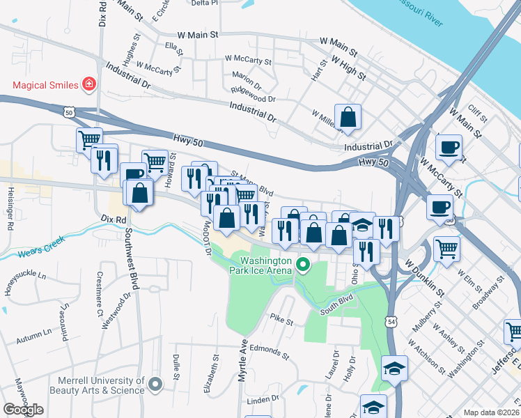 map of restaurants, bars, coffee shops, grocery stores, and more near 608 Waverly Street in Jefferson City