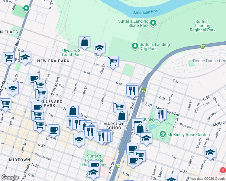 map of restaurants, bars, coffee shops, grocery stores, and more near 2625 E Street in Sacramento