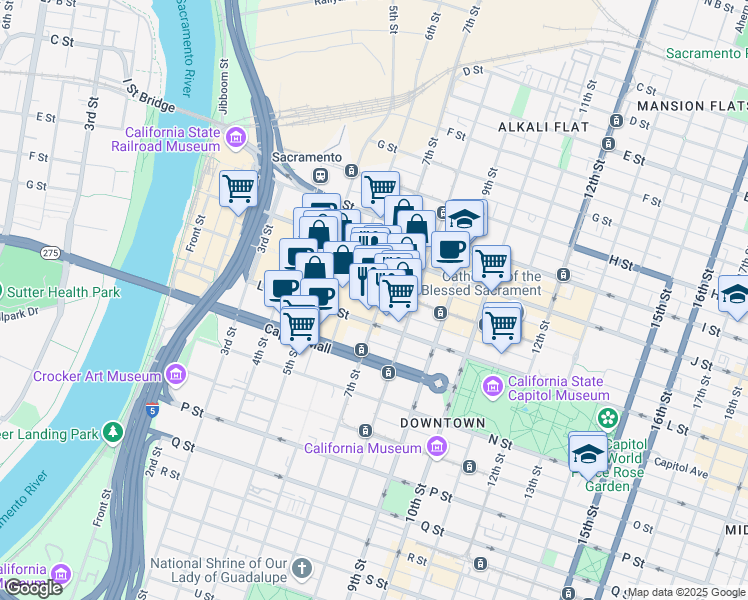 map of restaurants, bars, coffee shops, grocery stores, and more near 630 K Street in Sacramento