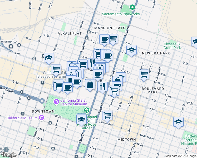 map of restaurants, bars, coffee shops, grocery stores, and more near 818 15th Street in Sacramento