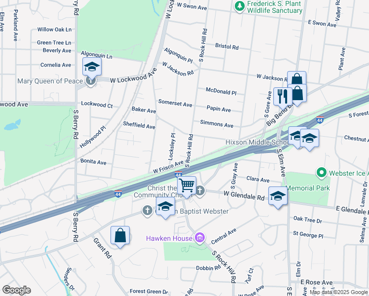 map of restaurants, bars, coffee shops, grocery stores, and more near 629 South Rock Hill Road in Webster Groves