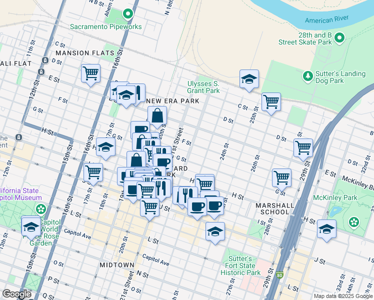 map of restaurants, bars, coffee shops, grocery stores, and more near 614 22nd Street in Sacramento