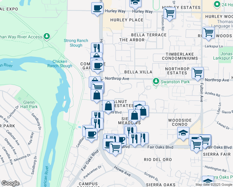 map of restaurants, bars, coffee shops, grocery stores, and more near 2248 Woodside Lane in Sacramento