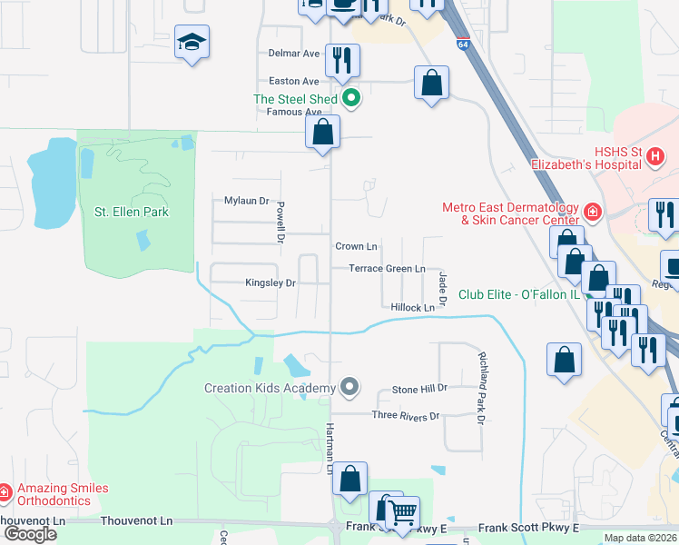 map of restaurants, bars, coffee shops, grocery stores, and more near 1349 Terrace Green Lane in O'Fallon