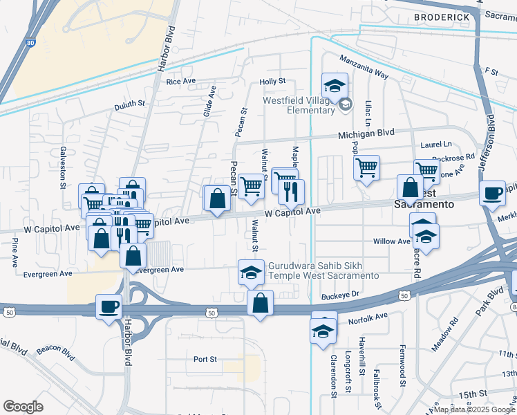 map of restaurants, bars, coffee shops, grocery stores, and more near 2300 W Capitol Ave in West Sacramento