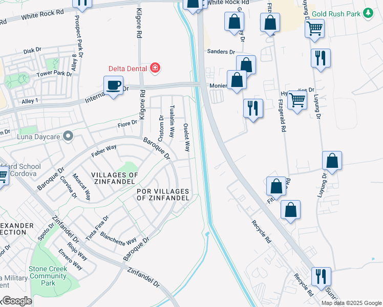 map of restaurants, bars, coffee shops, grocery stores, and more near 3365 Oselot Way in Rancho Cordova