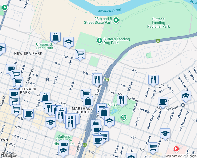 map of restaurants, bars, coffee shops, grocery stores, and more near 2822 D Street in Sacramento