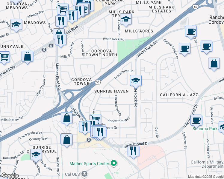 map of restaurants, bars, coffee shops, grocery stores, and more near 3112 Chettenham Drive in Rancho Cordova