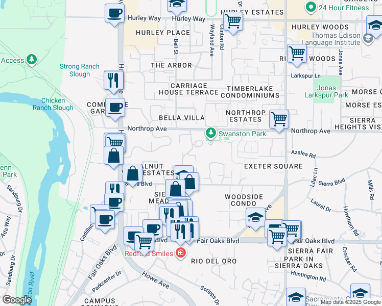 map of restaurants, bars, coffee shops, grocery stores, and more near 800 Woodside Lane East in Sacramento