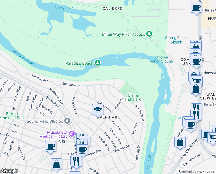 map of restaurants, bars, coffee shops, grocery stores, and more near 5334 Sandburg Drive in Sacramento