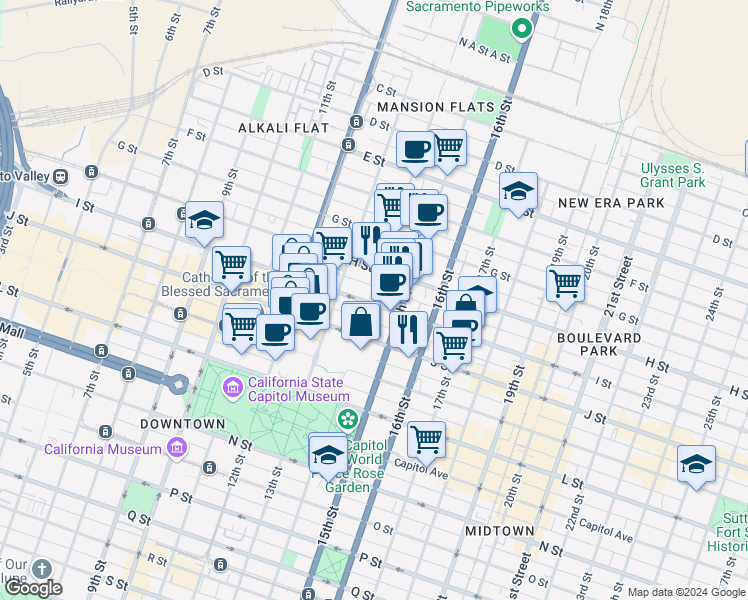 map of restaurants, bars, coffee shops, grocery stores, and more near 818 15th Street in Sacramento