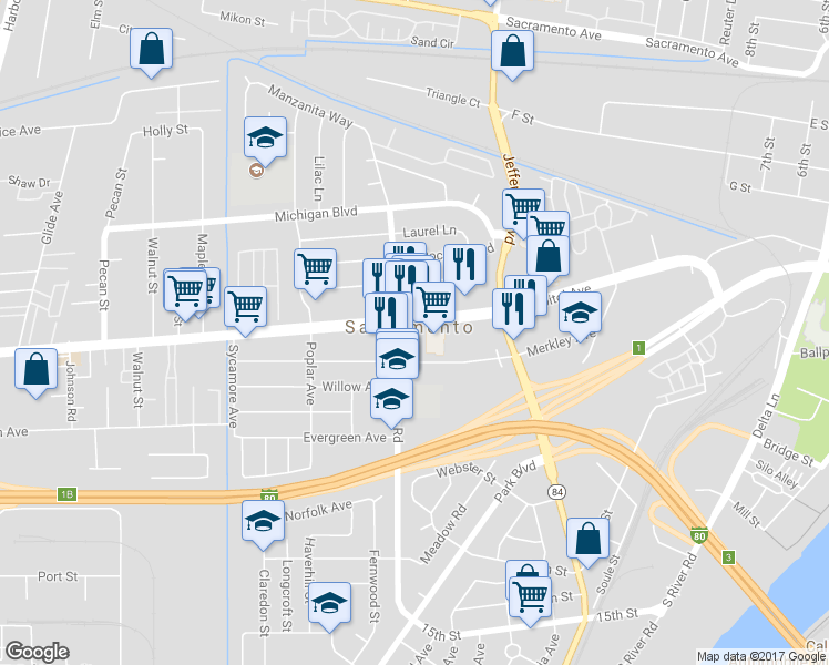 map of restaurants, bars, coffee shops, grocery stores, and more near in West Sacramento