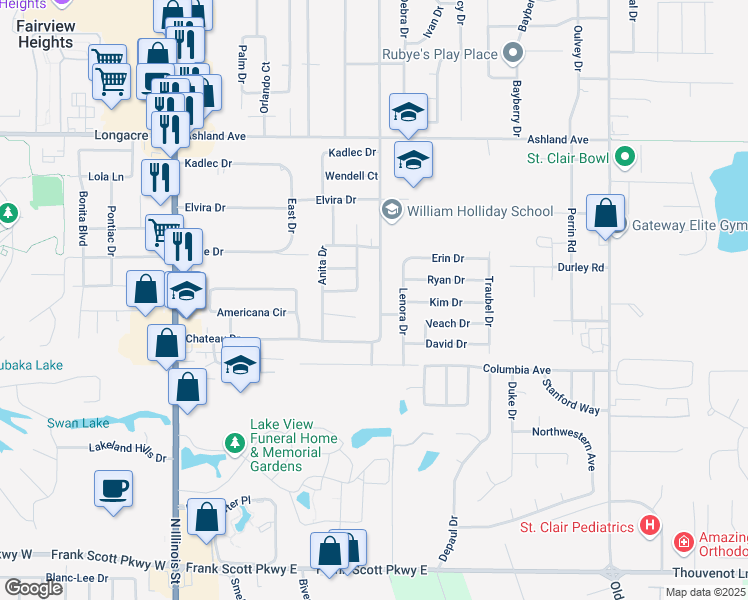map of restaurants, bars, coffee shops, grocery stores, and more near 528 Joseph Drive in Fairview Heights