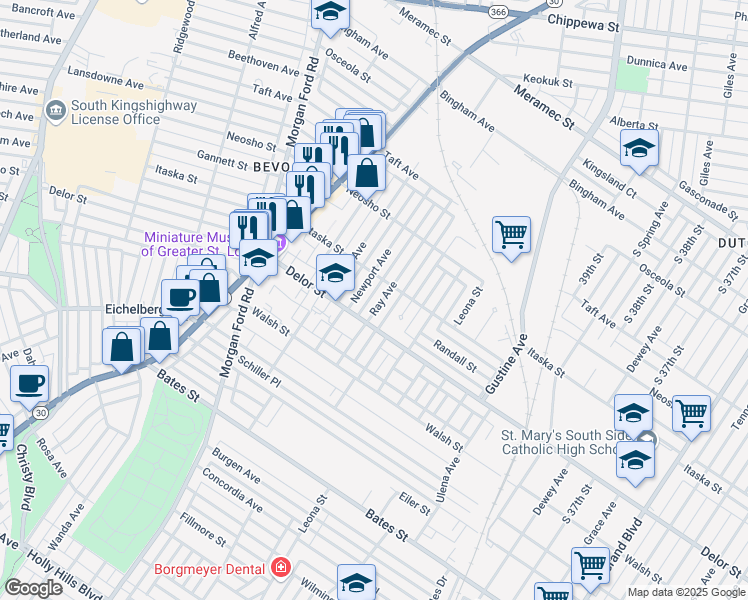 map of restaurants, bars, coffee shops, grocery stores, and more near 4729 Ray Avenue in St. Louis