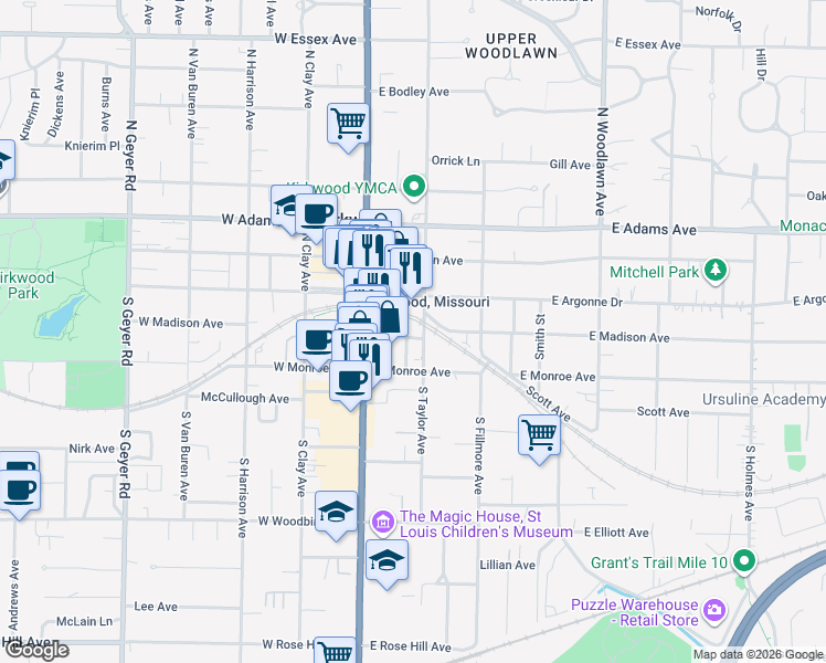 map of restaurants, bars, coffee shops, grocery stores, and more near 139 East Madison Avenue in Kirkwood