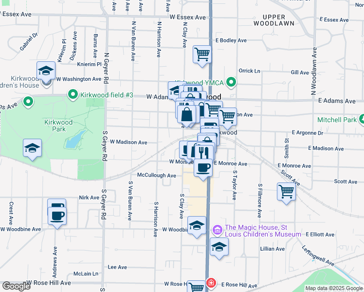 map of restaurants, bars, coffee shops, grocery stores, and more near 207 Monclay Court in Kirkwood