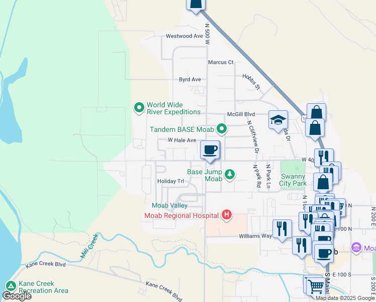 map of restaurants, bars, coffee shops, grocery stores, and more near 438 600 West Street in Moab