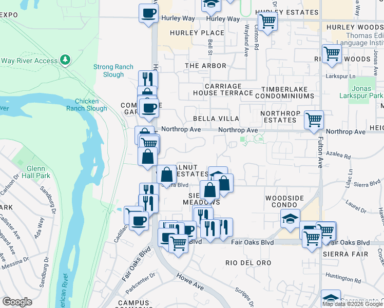 map of restaurants, bars, coffee shops, grocery stores, and more near 2248 Woodside Lane in Sacramento