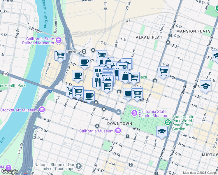 map of restaurants, bars, coffee shops, grocery stores, and more near 722 K Street in Sacramento