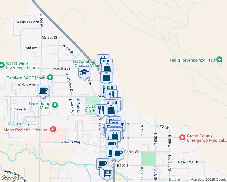 map of restaurants, bars, coffee shops, grocery stores, and more near 452 North Main Street in Moab