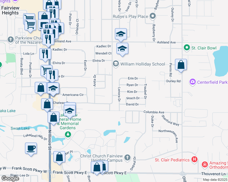 map of restaurants, bars, coffee shops, grocery stores, and more near 528 Joseph Drive in Fairview Heights