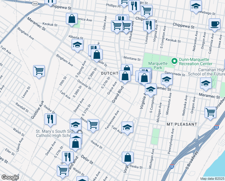 map of restaurants, bars, coffee shops, grocery stores, and more near 4246 Grace Ave in St Louis