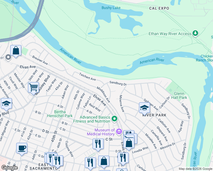 map of restaurants, bars, coffee shops, grocery stores, and more near 5060 Sandburg Drive in Sacramento