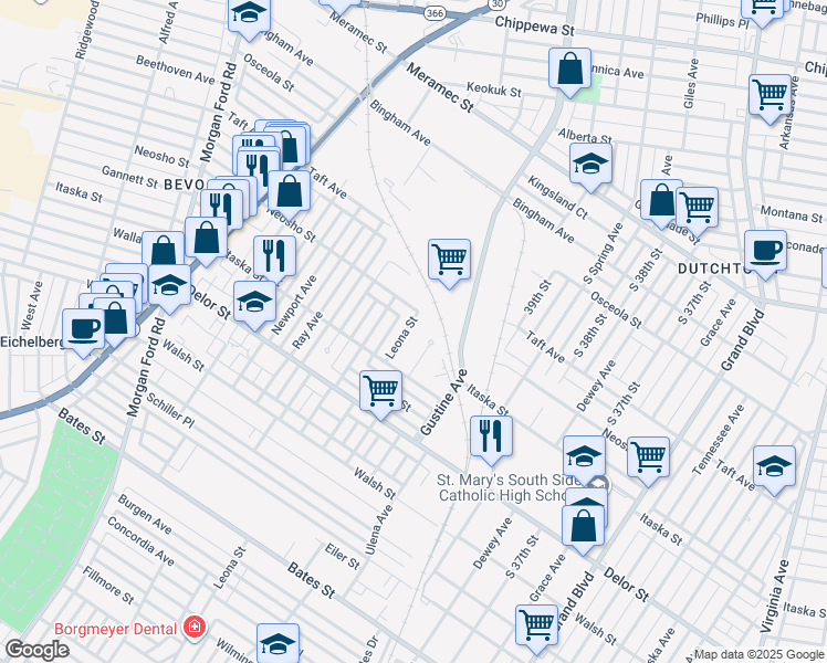map of restaurants, bars, coffee shops, grocery stores, and more near 4616 Leona Street in St. Louis