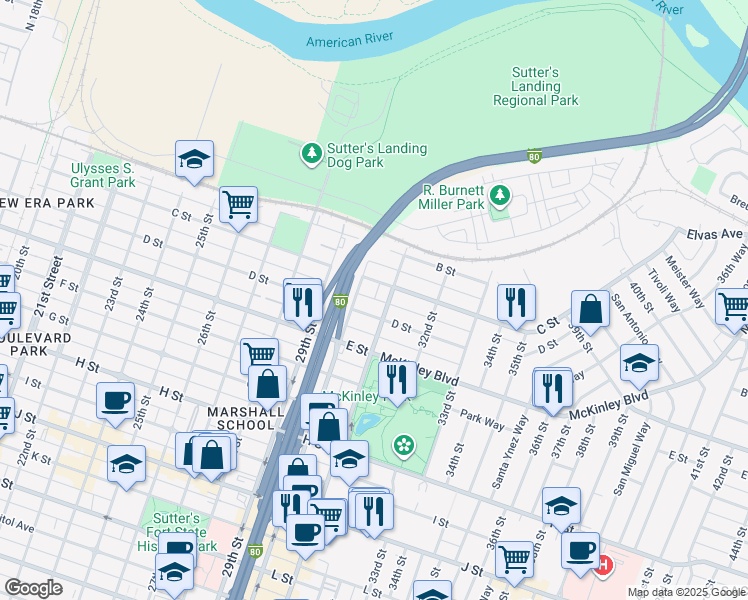 map of restaurants, bars, coffee shops, grocery stores, and more near in Sacramento