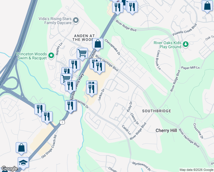 map of restaurants, bars, coffee shops, grocery stores, and more near 17187 Larkin Drive in Dumfries