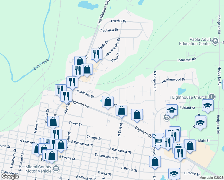 map of restaurants, bars, coffee shops, grocery stores, and more near 801 Redbud Circle in Paola