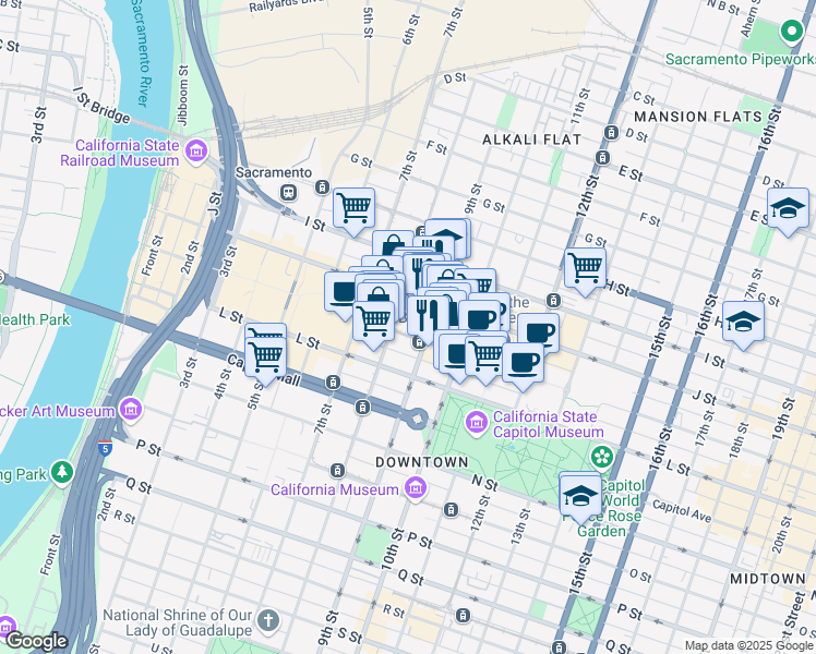 map of restaurants, bars, coffee shops, grocery stores, and more near 801 K Street in Sacramento