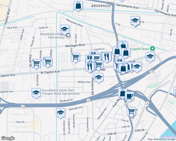 map of restaurants, bars, coffee shops, grocery stores, and more near 1721 West Capitol Avenue in West Sacramento
