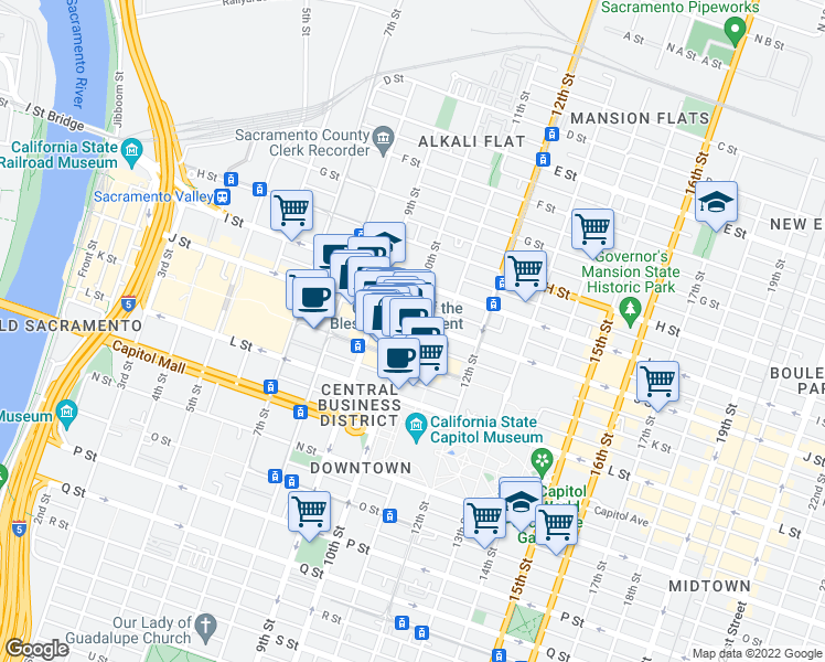 map of restaurants, bars, coffee shops, grocery stores, and more near 1000 J Street in Sacramento
