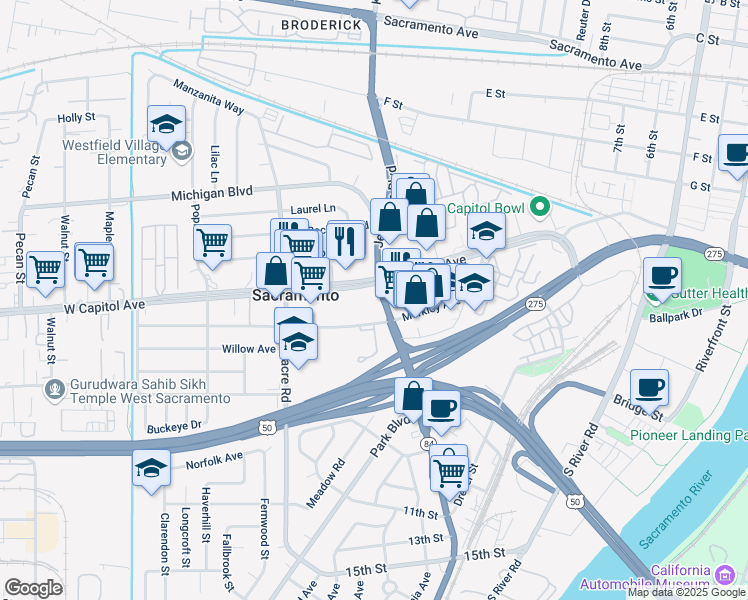 map of restaurants, bars, coffee shops, grocery stores, and more near 830 Jefferson Boulevard in West Sacramento