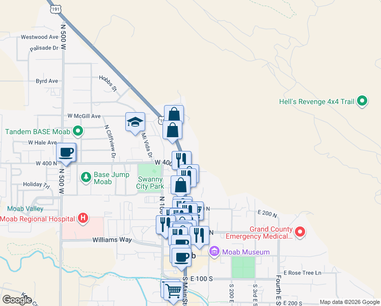 map of restaurants, bars, coffee shops, grocery stores, and more near 474-488 North Main Street in Moab