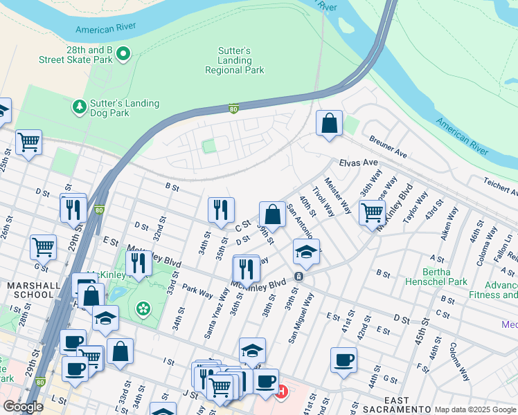 map of restaurants, bars, coffee shops, grocery stores, and more near 3301 C Street in Sacramento