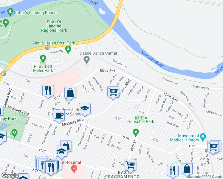 map of restaurants, bars, coffee shops, grocery stores, and more near 82 Primrose Way in Sacramento