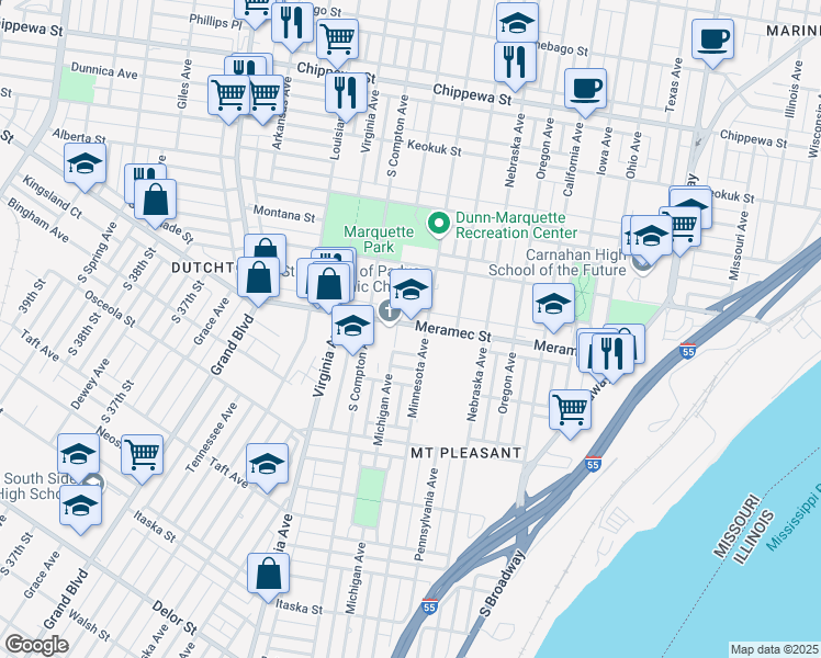 map of restaurants, bars, coffee shops, grocery stores, and more near 3112 Meramec Street in Saint Louis