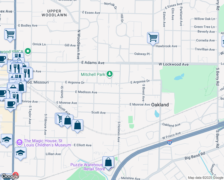 map of restaurants, bars, coffee shops, grocery stores, and more near 643 East Madison Avenue in Kirkwood