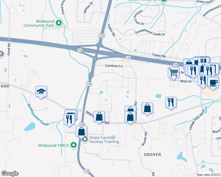 map of restaurants, bars, coffee shops, grocery stores, and more near 16989 Grover Springs Drive in Wildwood