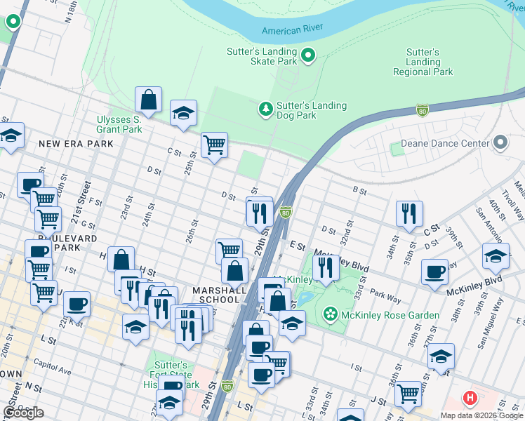 map of restaurants, bars, coffee shops, grocery stores, and more near 2822 D Street in Sacramento