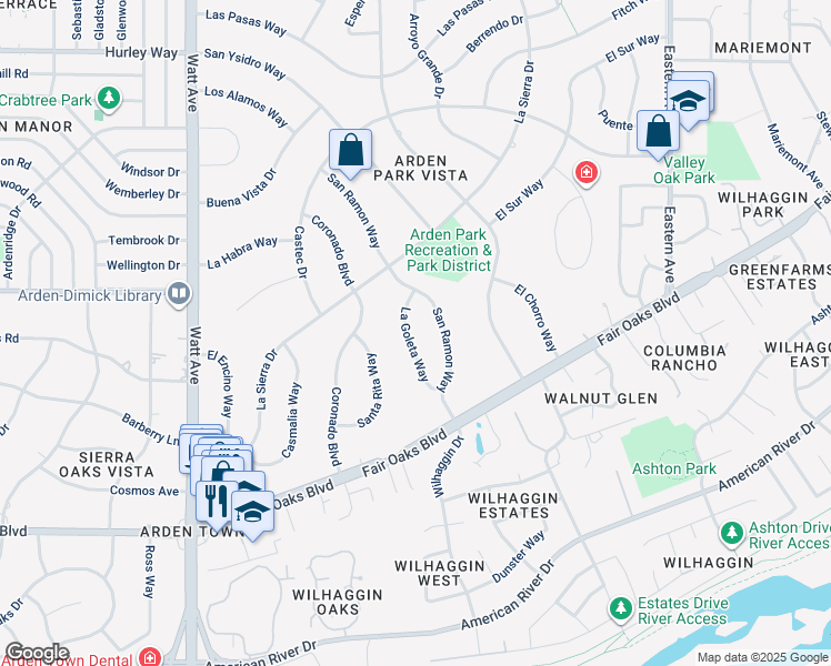 map of restaurants, bars, coffee shops, grocery stores, and more near 820 La Goleta Way in Sacramento