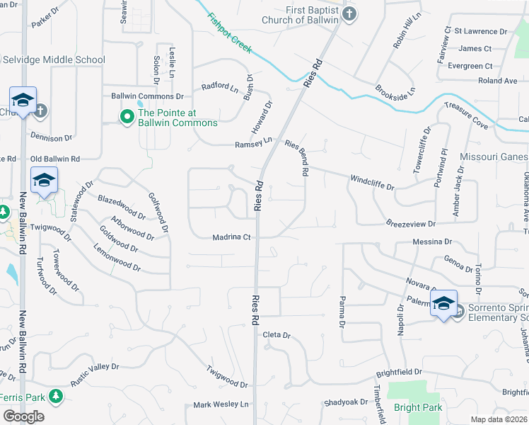 map of restaurants, bars, coffee shops, grocery stores, and more near 349 Ries Road in Ballwin