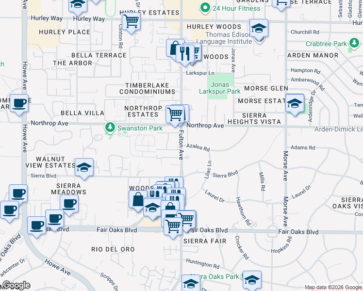 map of restaurants, bars, coffee shops, grocery stores, and more near 2590 Azalea Road in Sacramento