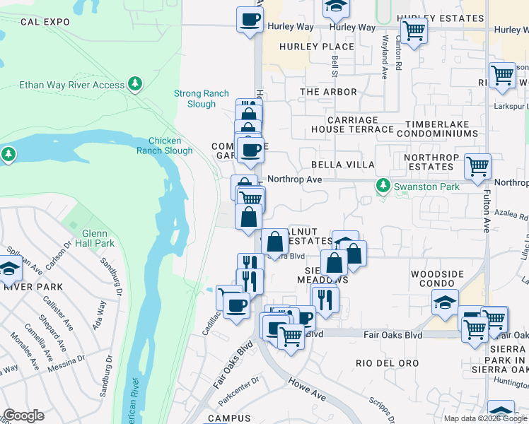 map of restaurants, bars, coffee shops, grocery stores, and more near 2229 Woodside Lane in Sacramento